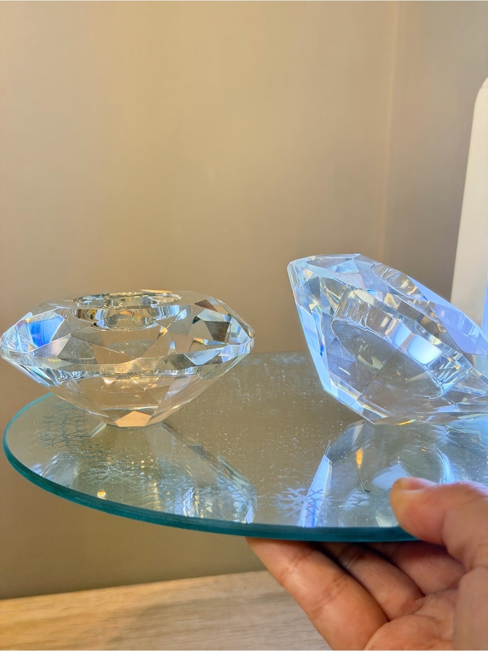 Set of 2 Diamond Shaped Crystal Beveled 3 Inch Candle Votive Holder heavy